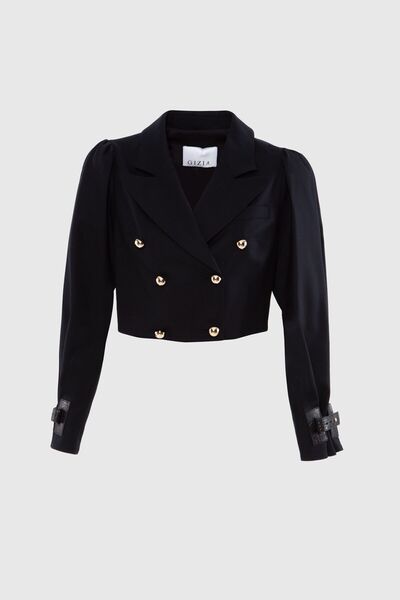 GİZİA Metal Düğmeli Deri Toka Detaylı Crop Blazer Siyah Ceket