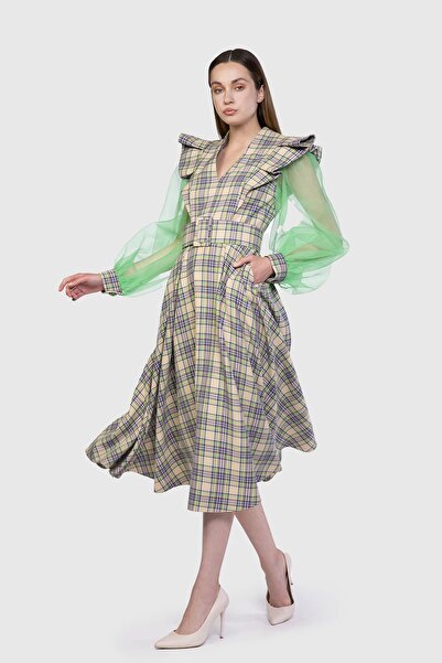 GİZİA Yeşil V Yaka Kemerli Midi Boy Ekose Yeşil Elbise