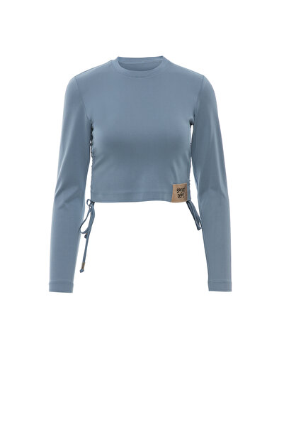 GİZİA Etek Ucu Aplike Nakış Detaylı Yanları Büzülebilir Kısa Mavi Bluz