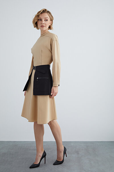 kı.we Kontrast Dikişli Kemer Detaylı Kahverengi Midi Elbise