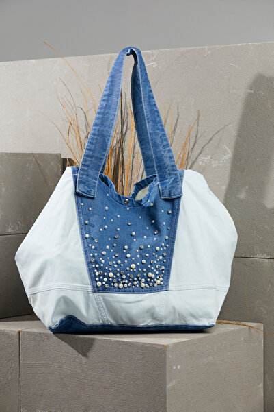 GİZİA Beyaz Jean Detaylı İşlemeli Lacivert Jean Çanta