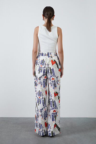 GİZİA Renkli Baskılı Bol Paça Beyaz Pantolon