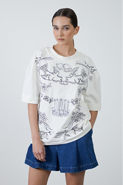 GİZİA Kuş Baskılı Ekru Tshirt