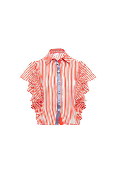 GİZİA Volan Kollu Ve Inci Işlemeli Kırmızı Gömlek