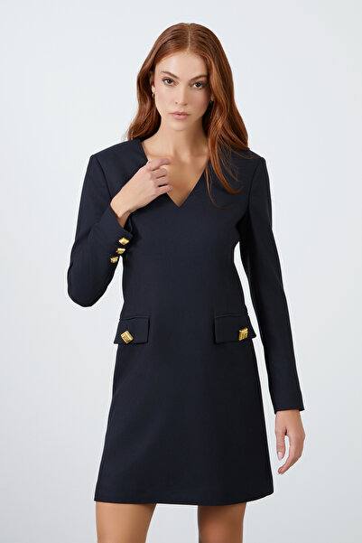 GİZİA Uzun Kollu V Yakalı Midi Boy Siyah Elbise