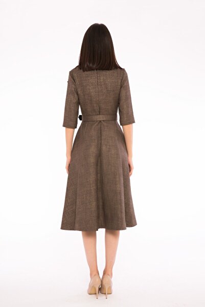 GİZİA Metallic Plaid Fabric Flare Skirt Midi Dress with Belt Detail