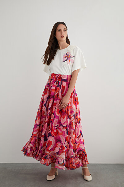 GİZİA Etek Ucu Volanlı Desenli Şifon Etek