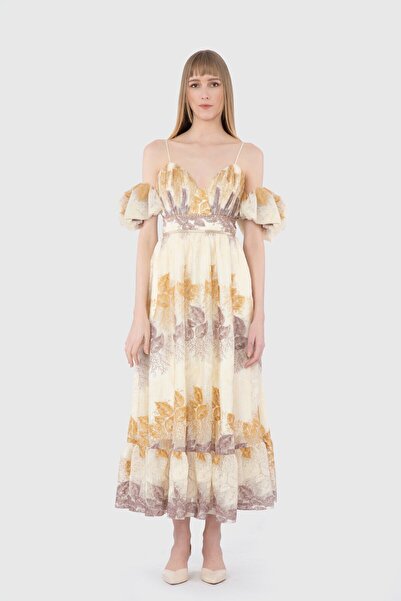 GİZİA Nakış Detaylı Şifon Ekru Elbise