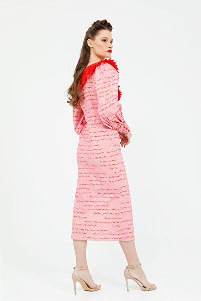 kı.we Midi Size Pink Poplin Dress with V-neck Lettering Pattern