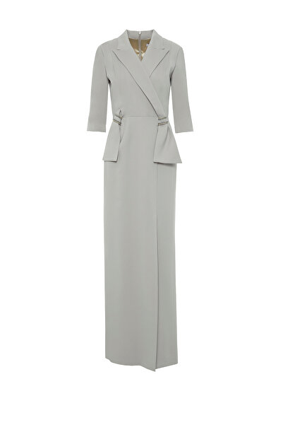 GİZİA Şık Yaka Detaylı Yaka Ucu İşlemeli Gri Vatkalı Uzun Elbise