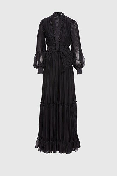 GİZİA V-Neck Pleated Detailed Black Long Evening Dress
