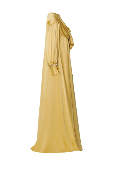 GİZİA Fiyonk Detaylı V Yaka Dökümlü Uzun Sarı Abiye Elbise