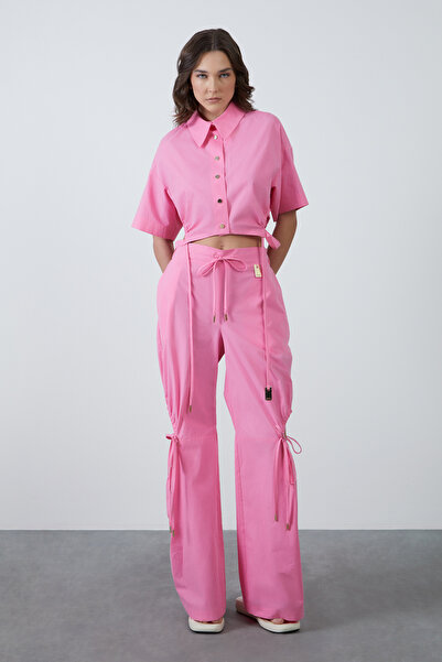 GİZİA Pencere Detaylı Bol Paça Pembe Pantolon