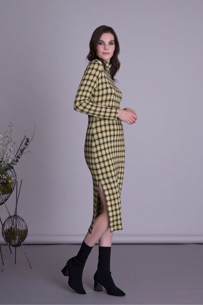 GIZIA CASUAL Balıkçı Yaka Yırtmaçlı Hardal Rengi Midi Elbise