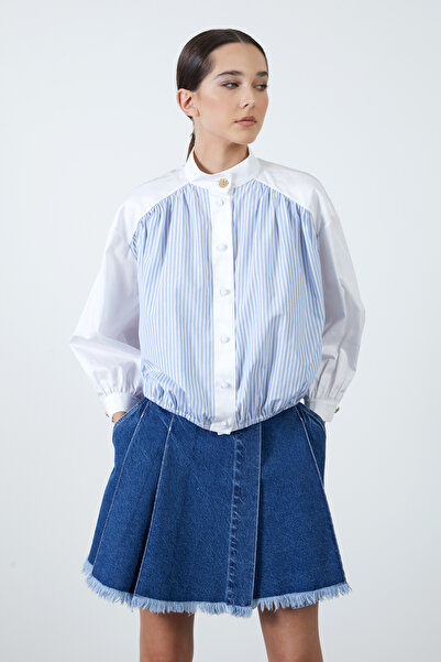 GİZİA Gold Düğme Detaylı Dik Yaka Beyaz Poplin Gömlek