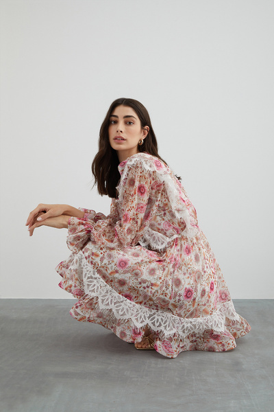 GİZİA Lace Detail Collar Tassel Lace Up Floral Chiffon Dress