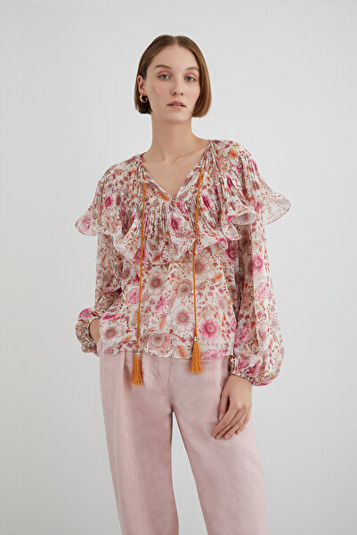GİZİA Volan Detaylı Çiçekli Şifon Ekru Bluz