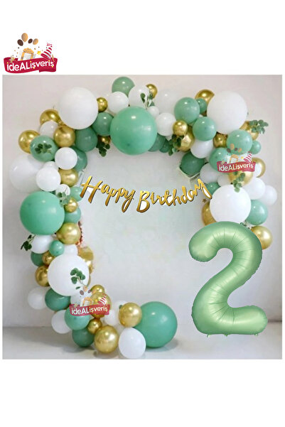 Bkmc Mat Yeşil 2 Yaş Folyo Balon Happy Birthday Kaliğrafi Yeşil Gold Beyaz Do...