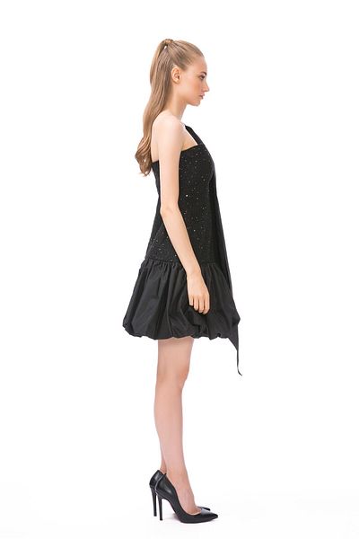 kı.we Single Shoulder Bow Balloon Skirt Ruched Black Mini Dress