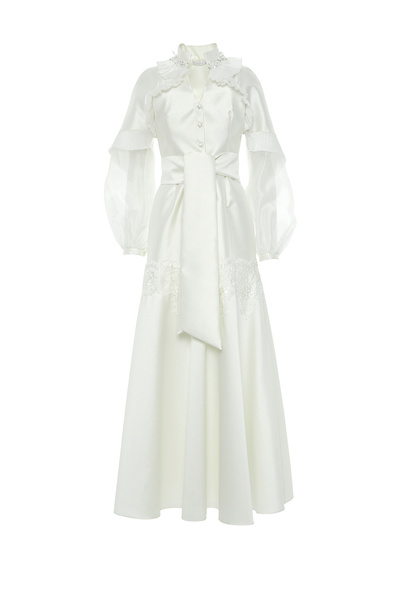 4G GIZIA Pile Detaylı Yakası İşlemeli Ekru Uzun Elbise