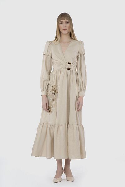 GİZİA Embroidered Embroidery And Buckle Detailed Long Linen Beige Dress