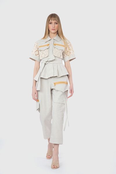 GİZİA Contrast Zipper Detailed Beige Cargo Pants