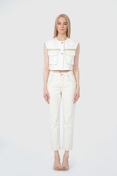 GİZİA Stone Embroidered Casual Cut Ecru Pants