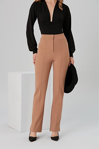 Swana Women's Milk Brown Relaxed Cut Front Striped Lycra Wide Leg Trousers