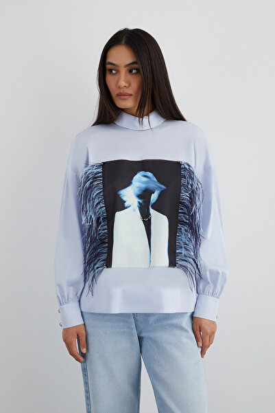 GİZİA Özel Tüylü Pano Desen Detaylı Arka Beden Düğmeli Gömlek