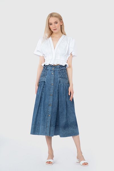 GİZİA Stripe and Ruffle Detailed V-Neck Crop Size Poplin White Blouse