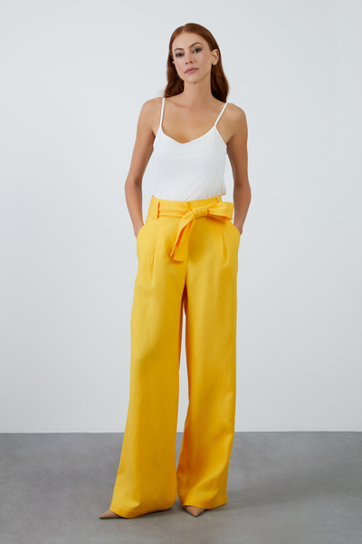 GİZİA Kuşaklı Bol Paça Keten Sarı Pantolon