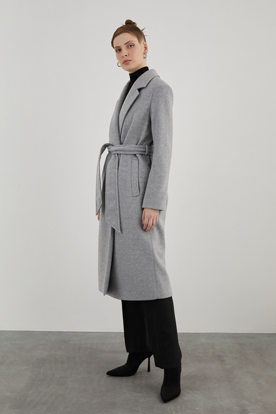 GİZİA Kuşaklı Yan Cepli Midi Boy Rahat Kesim Gri Kaban