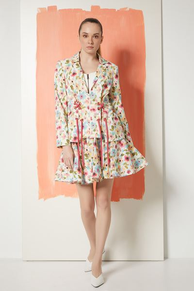 Manimani Çiçek Desenli Bağcık Detaylı Koton Ceket