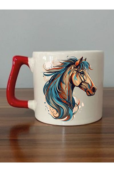 lili hediyelik Horse Themed Red Handled Mug Cup - Ceramic Tea, Coffee Gift Cup