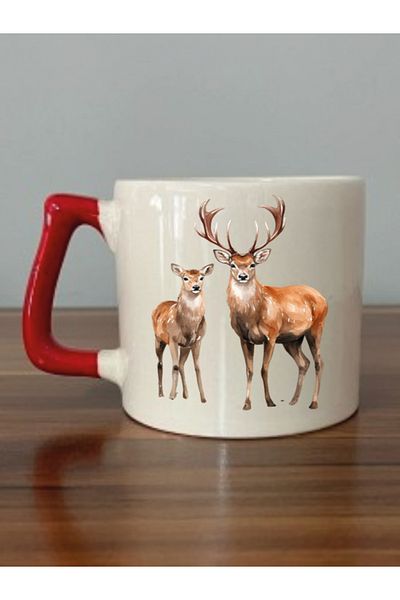 lili hediyelik Deer Themed Red Handled Mug Cup - Ceramic Tea, Coffee Gift Cup