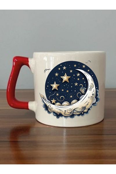lili hediyelik Moon And Stars Themed Red Handled Mug Cup - Ceramic Tea, Coffee Gift Cup