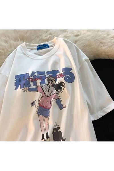 Gofeel Harajuku Chinese Written Girl Printed Oversize Unisex T-shirt