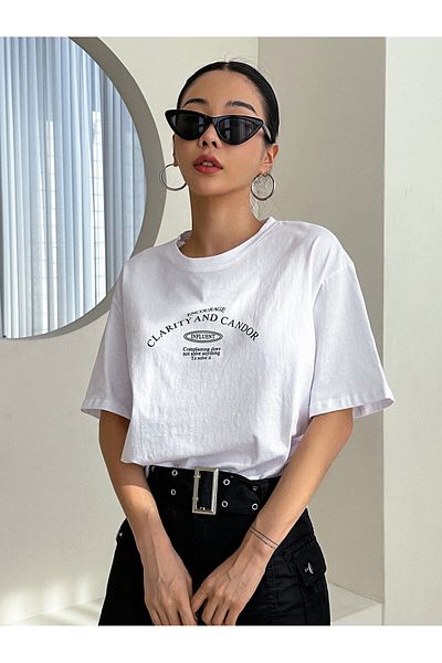 Jose Clothing Μπλουζάκι Unisex Λευκό εμπριμέ από οργανικό βαμβάκι Oversize με κοντό μανίκι