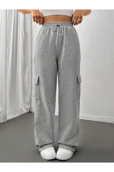 NewCabin Pantaloni de sport sport din bumbac pieptănat gri, cu buzunar cargo, sezon nou