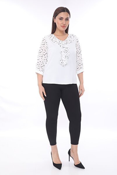 Selent Women's White Polka Dot V-Neck Flounce Three-Quarter Sleeve Plus Size Blouse