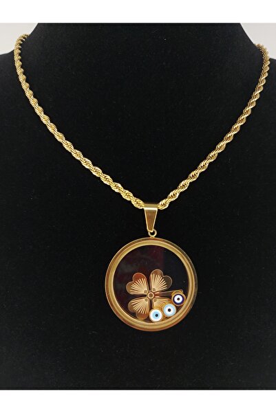 Romea Açılan, Çeyrek Koyulabilen Yonca Detaylı Çelik Kararmaz Kolye Altın Rengi