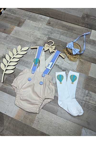 Feriatolye Balloon concept cream blue romper 1 year old birthday bow tie salopet socks set