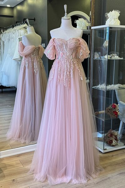 Lenta Moda Powder Beaded Lace Covering and Feather Detailed Maxi Length Evening Dress