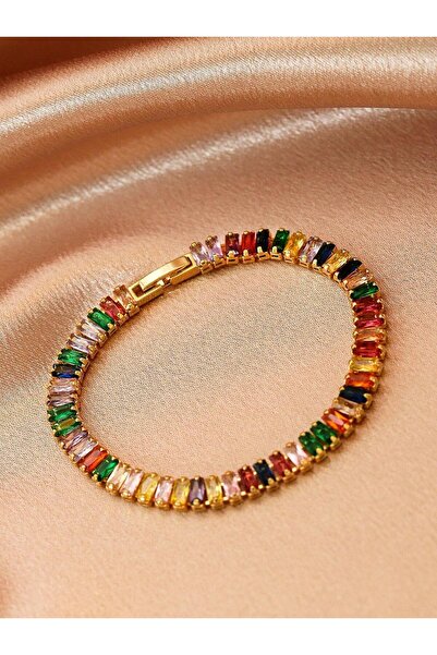gosoje Stainless Steel Steel Colored Zircon Stone Baguette Model Waterway Gol...