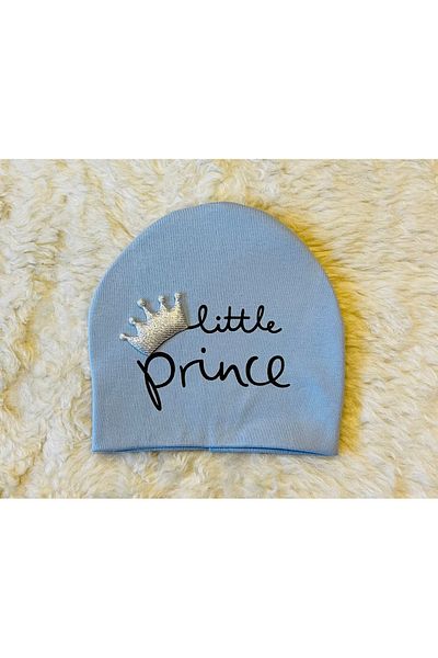 anne dokunuşu gibi KUZUM BEBE 2-Piece White-Blue Prince Printed Baby Boy Combed Cotton Hat Beret