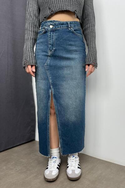 Sue Store Mavi Yıkamalı Asimetrik Model Yırtmaçlı Kot Etek