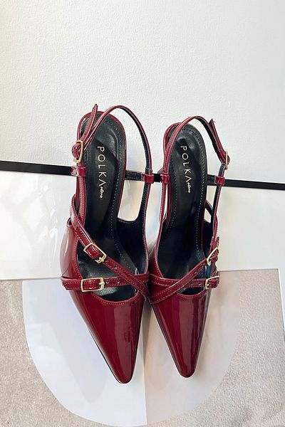 POLKA STORE Blossom Pointed Toe Two-Strap Buckle Claret Red Patent Leather Cherry Red Heeled Women's Shoes