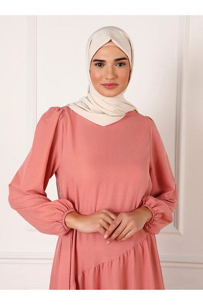 Refka Aerobin Asymmetrical Cut Belted Hijab Dress - Salmon -