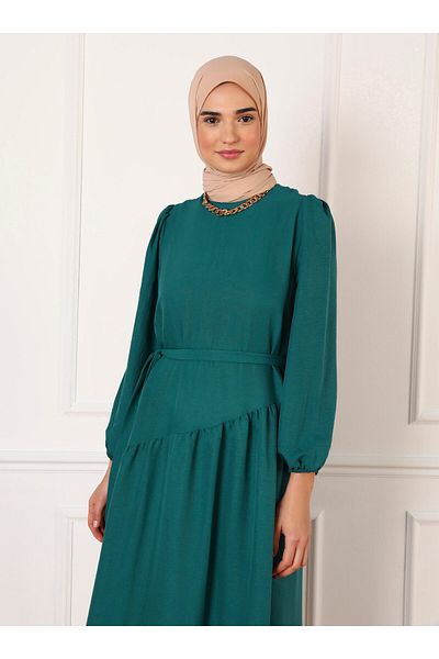 Refka Aerobin Asymmetrical Cut Belted Hijab Dress - Emerald -