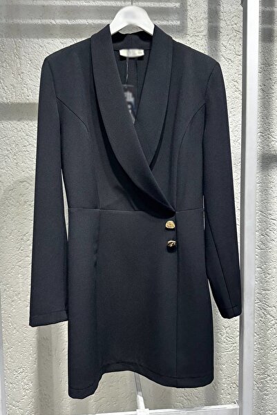 vuvutasarım Ceket Yaka Kruvaze Kalıp Uzun Kollu Vatkalı Siyah Ceket Elbise 2122